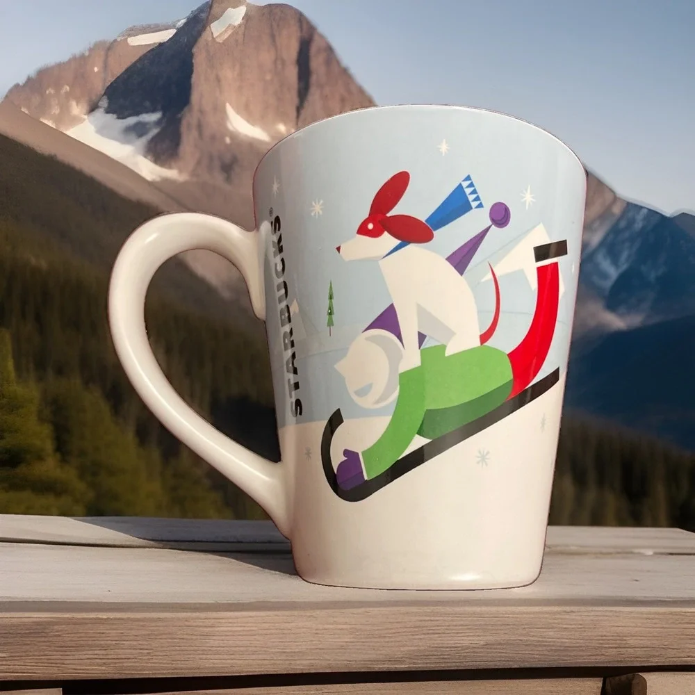 Starbucks 2011 Sledding Dog + Boy Design Ceramic Mug Winter Holidays
